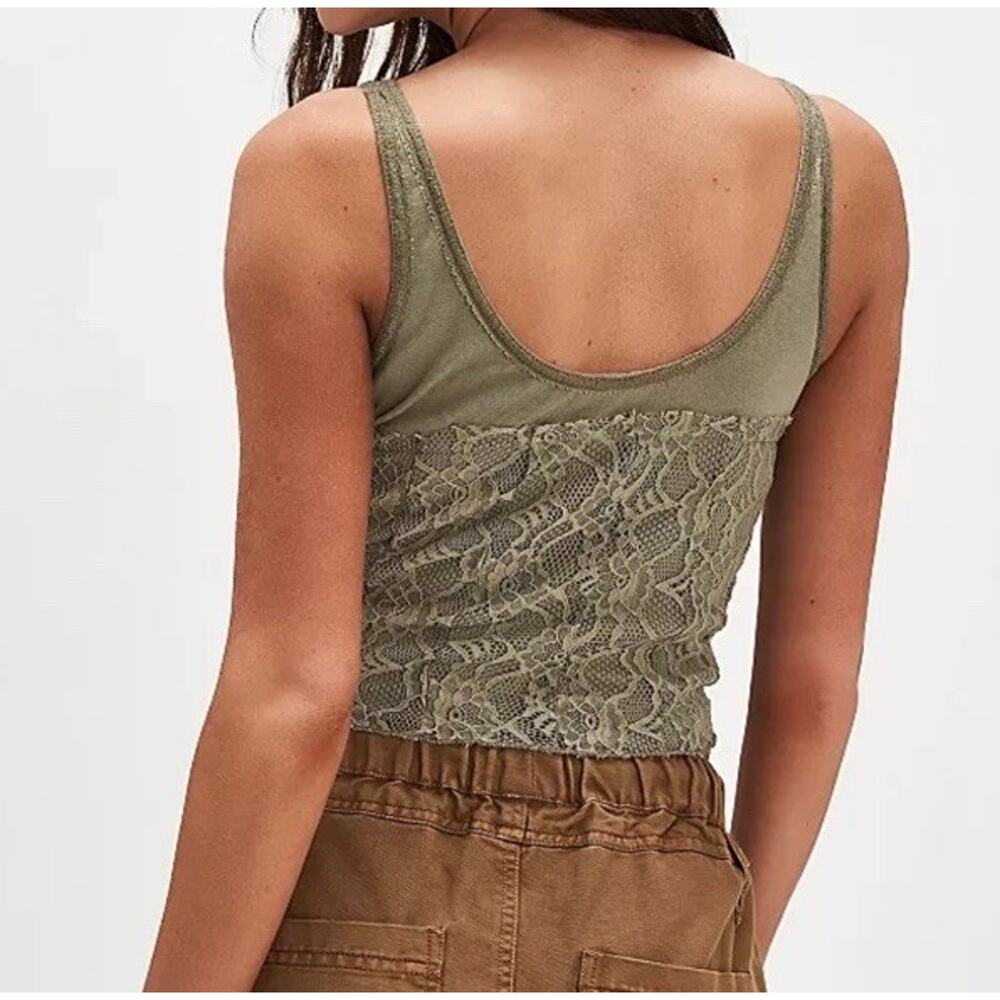Free People Lace Tank Top M Reversible Olive Green Button Front Boho Crop - Picture 2 of 8